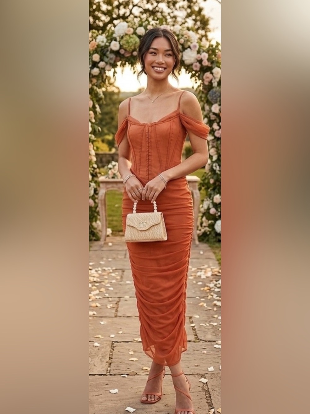 ASOS Design Rust Off-Shoulder Dress with Corset Style Detail